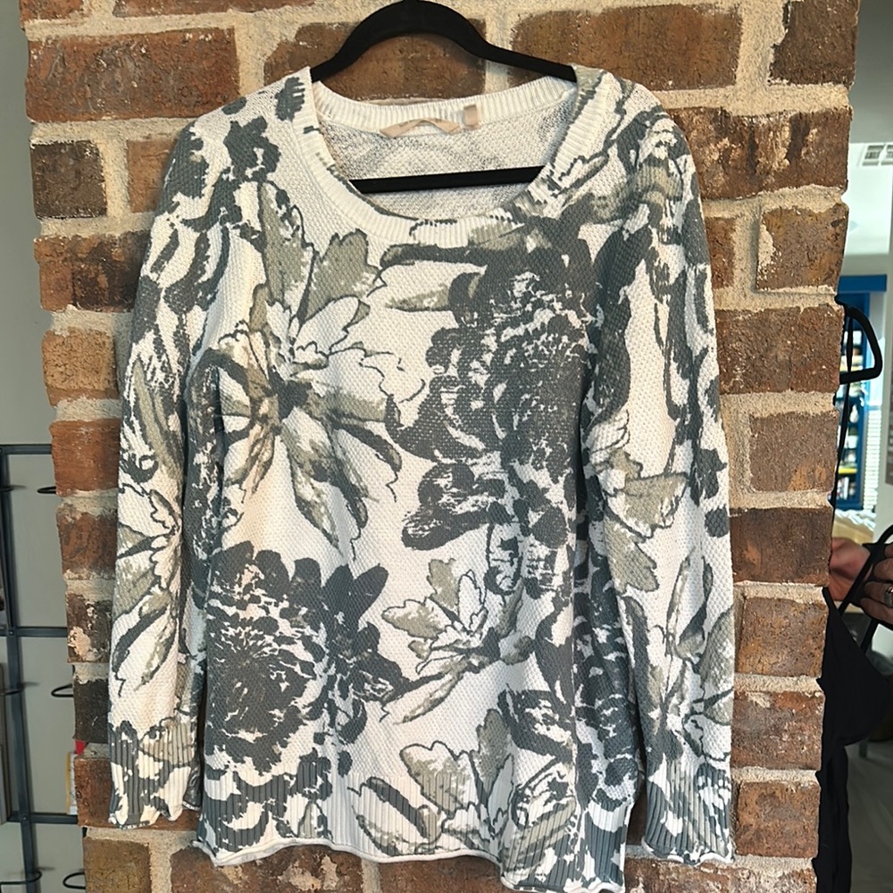 090 Soft Surroundings Floral Print Women's Sweater - Green  and White